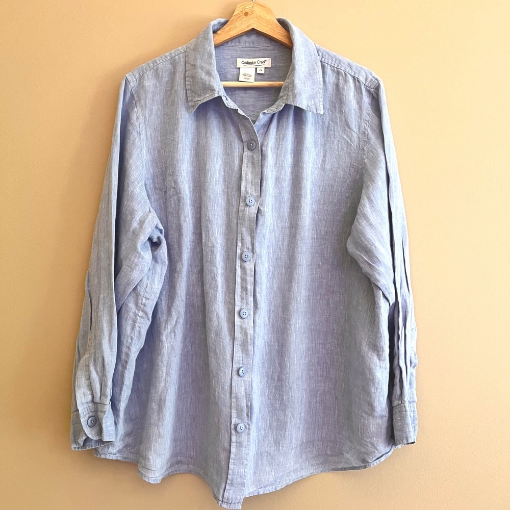 Coldwater Creek Blue 100% Linen Button Down Shirt Women 2X Lagenlook Long Sleeve